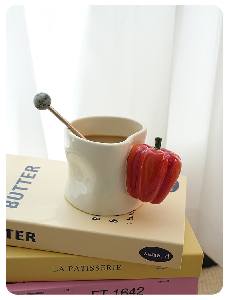 Artistic Vegetable-Handle Ceramic Mug - Rustic Farmhouse Coffee Cup