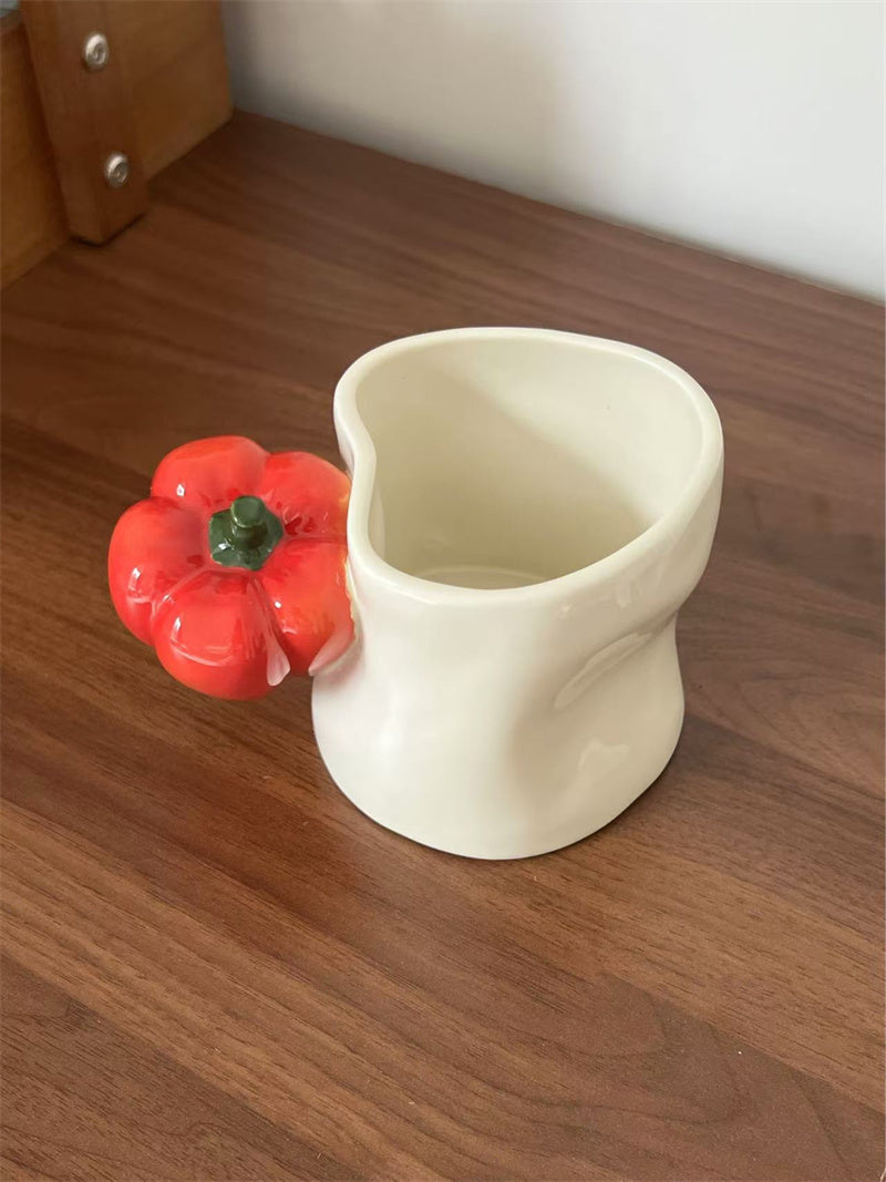 Artistic Vegetable-Handle Ceramic Mug - Rustic Farmhouse Coffee Cup