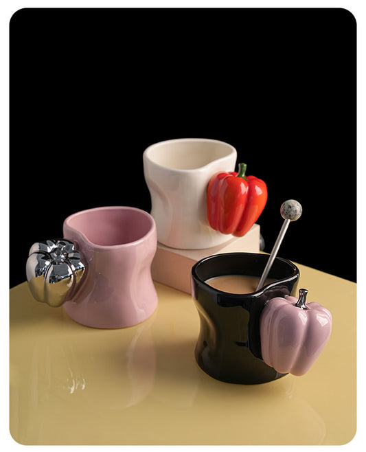 Artistic Vegetable-Handle Ceramic Mug - Rustic Farmhouse Coffee Cup