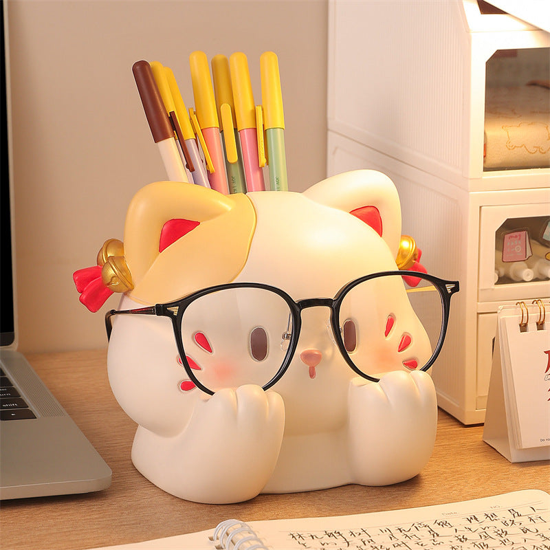 Bashful Blushing White Cat Resin Pen Holder, Cartoon Eyeglasses Display Stand & Desk Stationery Caddy, Kawaii Kitten Tabletop Organizer for Pencils Eyewear Makeup Brushes