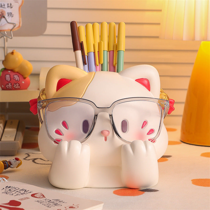 Bashful Blushing White Cat Resin Pen Holder, Cartoon Eyeglasses Display Stand & Desk Stationery Caddy, Kawaii Kitten Tabletop Organizer for Pencils Eyewear Makeup Brushes