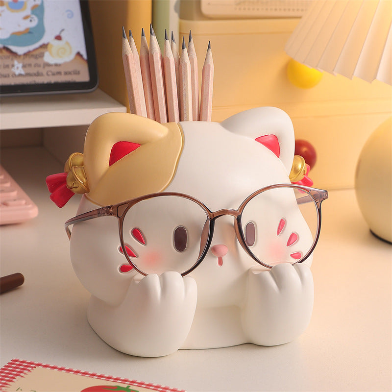 Bashful Blushing White Cat Resin Pen Holder, Cartoon Eyeglasses Display Stand & Desk Stationery Caddy, Kawaii Kitten Tabletop Organizer for Pencils Eyewear Makeup Brushes