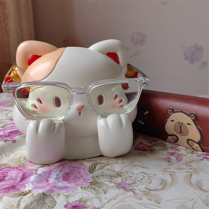 Bashful Blushing White Cat Resin Pen Holder, Cartoon Eyeglasses Display Stand & Desk Stationery Caddy, Kawaii Kitten Tabletop Organizer for Pencils Eyewear Makeup Brushes