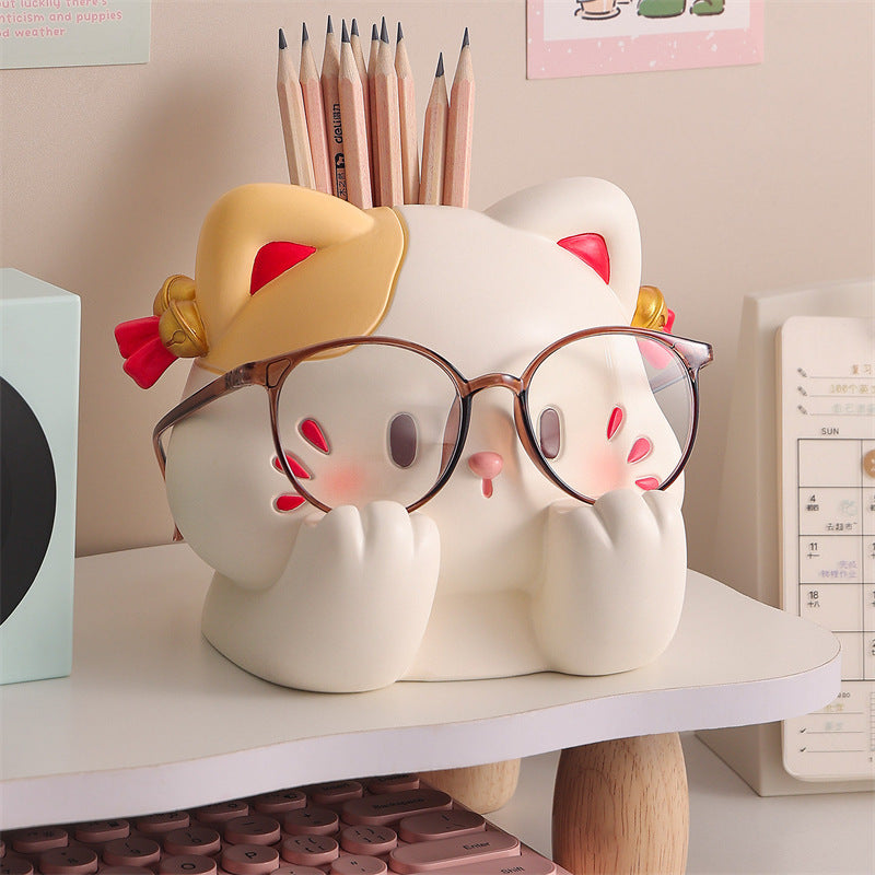 Bashful Blushing White Cat Resin Pen Holder, Cartoon Eyeglasses Display Stand & Desk Stationery Caddy, Kawaii Kitten Tabletop Organizer for Pencils Eyewear Makeup Brushes