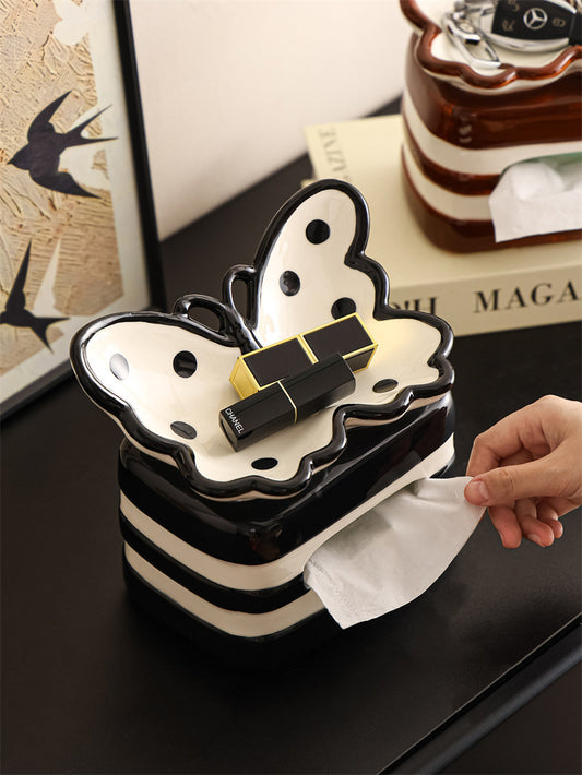 Beautiful Butterfly Ceramic Tissue Box Holder with Tray on Top,Retro Tabletop Home Decor for Living Room Bathroom
