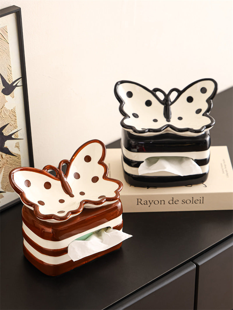 Beautiful Butterfly Ceramic Tissue Box Holder with Tray on Top,Retro Tabletop Home Decor for Living Room Bathroom