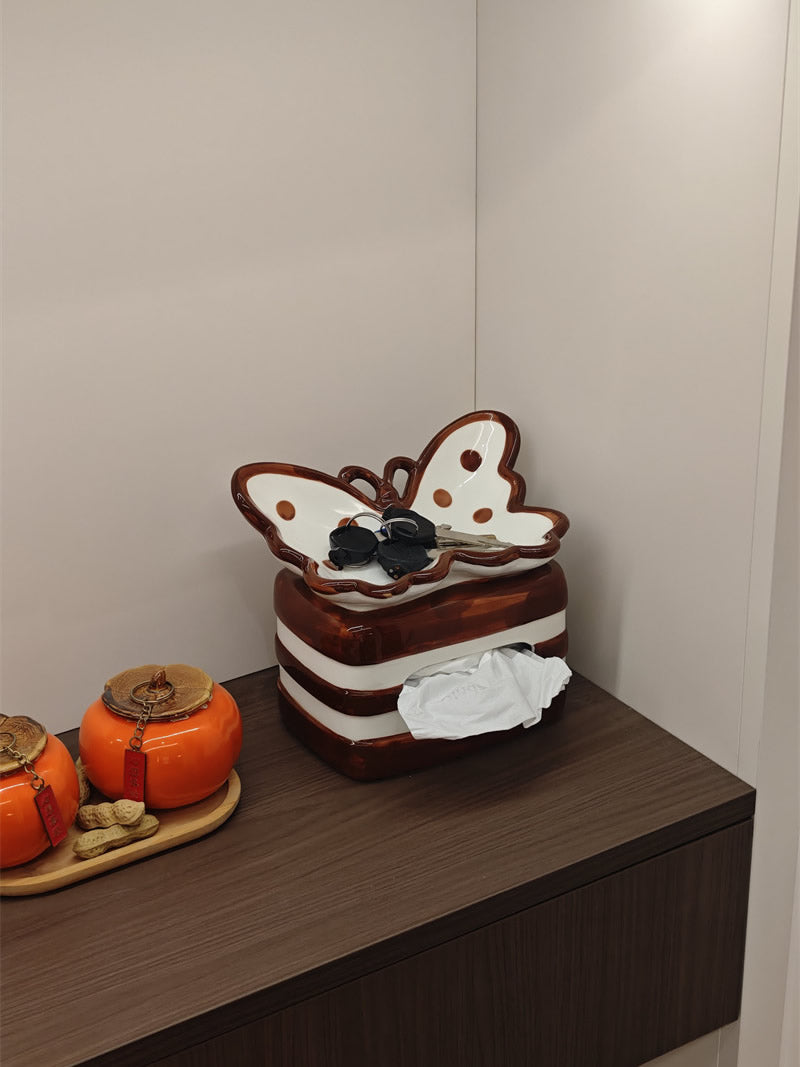 Beautiful Butterfly Ceramic Tissue Box Holder with Tray on Top,Retro Tabletop Home Decor for Living Room Bathroom