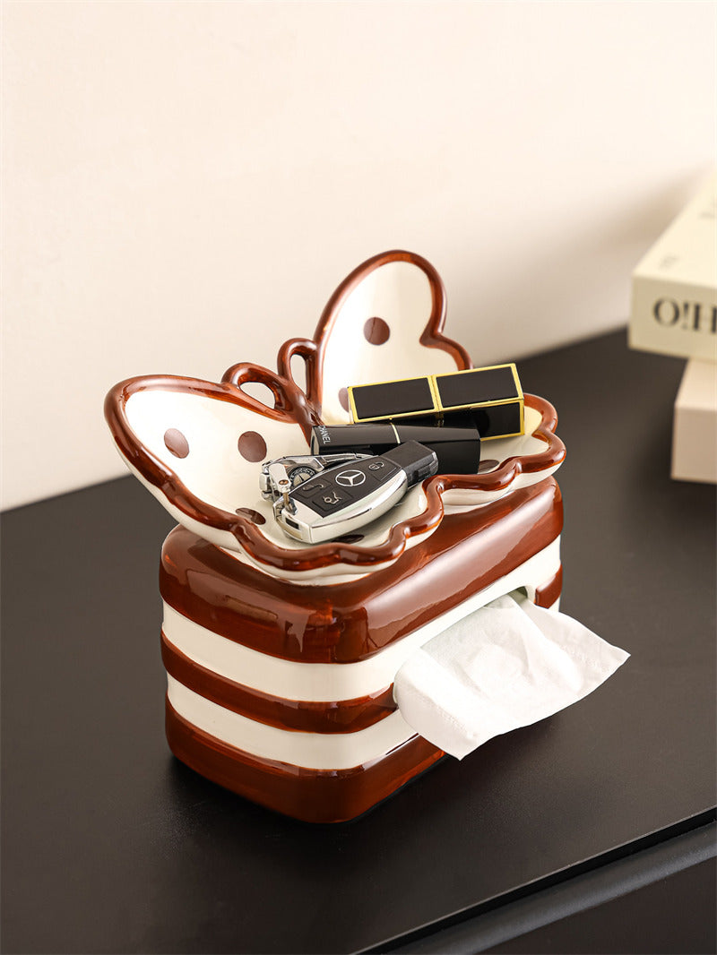 Beautiful Butterfly Ceramic Tissue Box Holder with Tray on Top,Retro Tabletop Home Decor for Living Room Bathroom