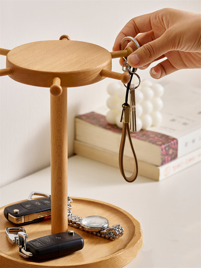 Beech Wood Hanging & Tray Organizer - Multi-Functional Desktop Storage for Small Accessories, Keys & Watches