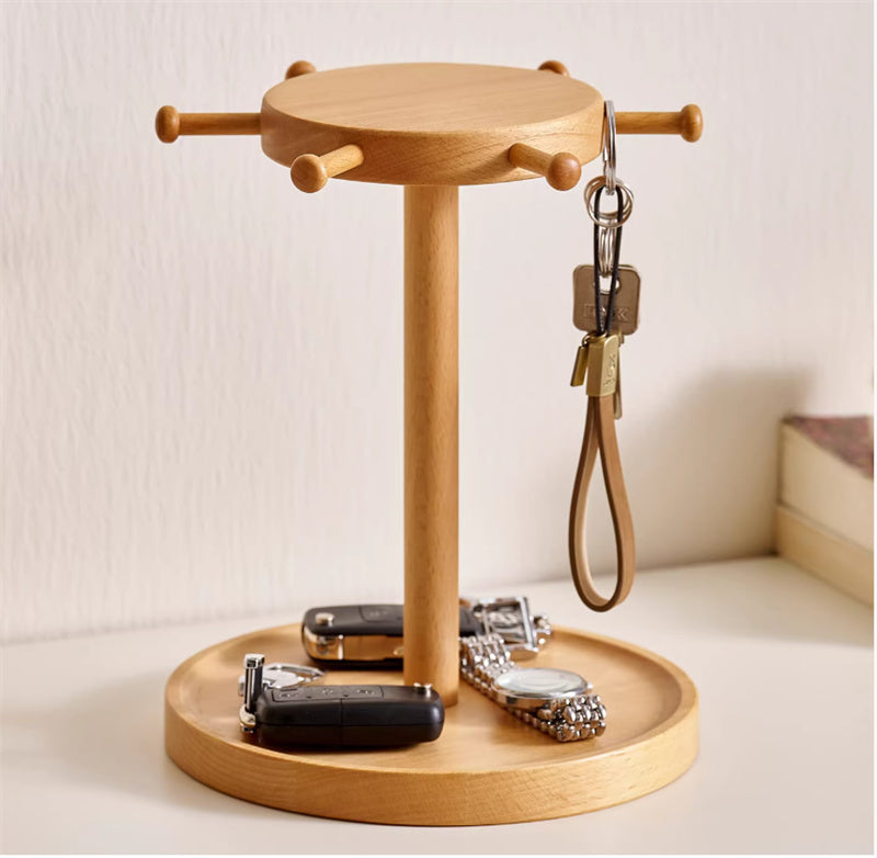 Beech Wood Hanging & Tray Organizer - Multi-Functional Desktop Storage for Small Accessories, Keys & Watches