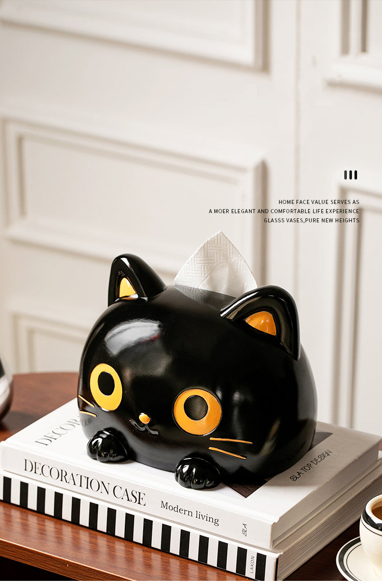 Big-Eyed Black Cat Tissue Box Cover - Cute and Functional Home Decor