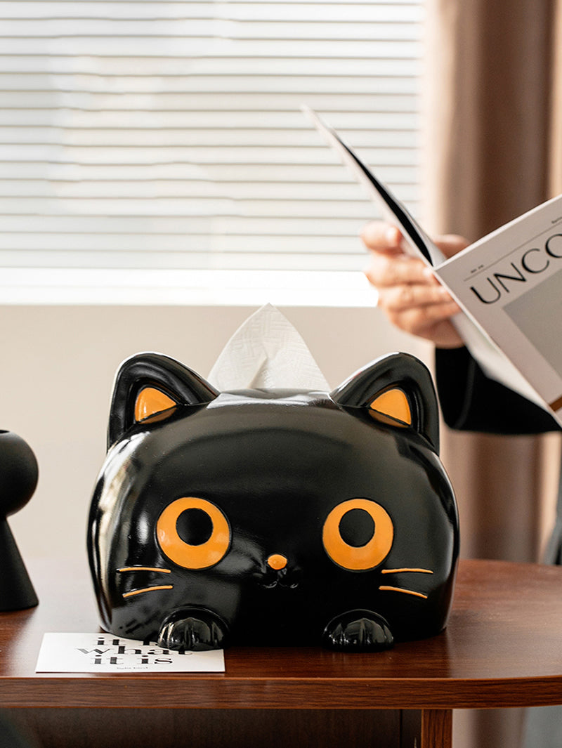 Big-Eyed Black Cat Tissue Box Cover - Cute and Functional Home Decor