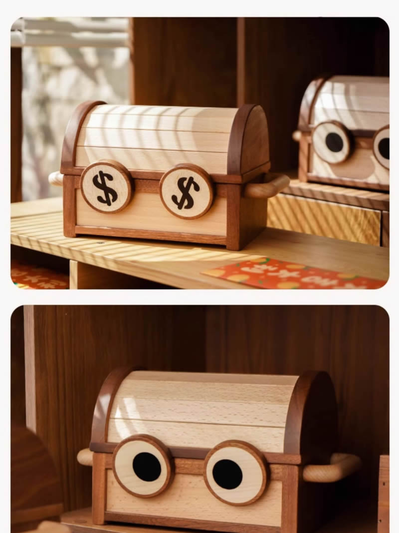 Big Eyes Smiling Face Wooden Savings Box, Storage Box,Small Treasure B ...