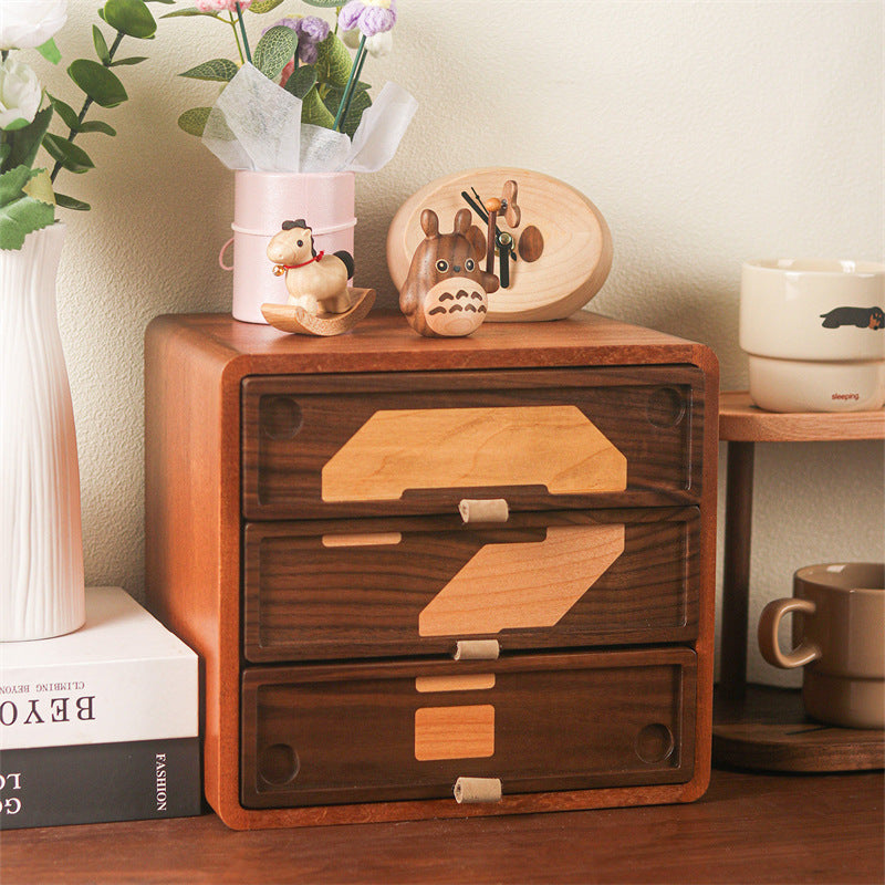 Big Question Mark 3-Drawer Wood Desktop Storage Box, Multi-Layer Wooden Jewelry Stationery Organizer, Vintage Desk Decor Cabinet