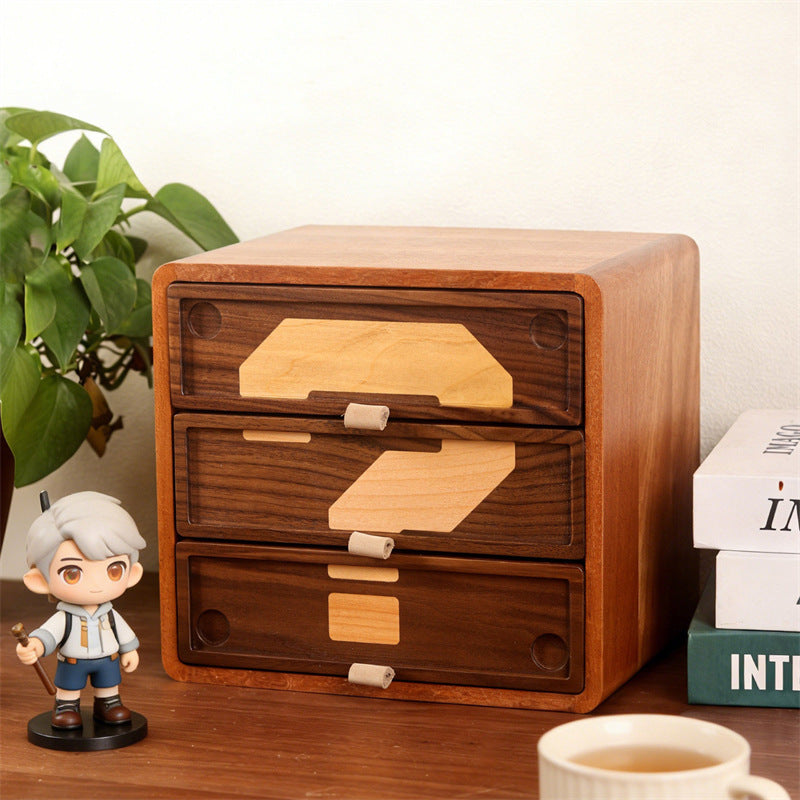 Big Question Mark 3-Drawer Wood Desktop Storage Box, Multi-Layer Wooden Jewelry Stationery Organizer, Vintage Desk Decor Cabinet