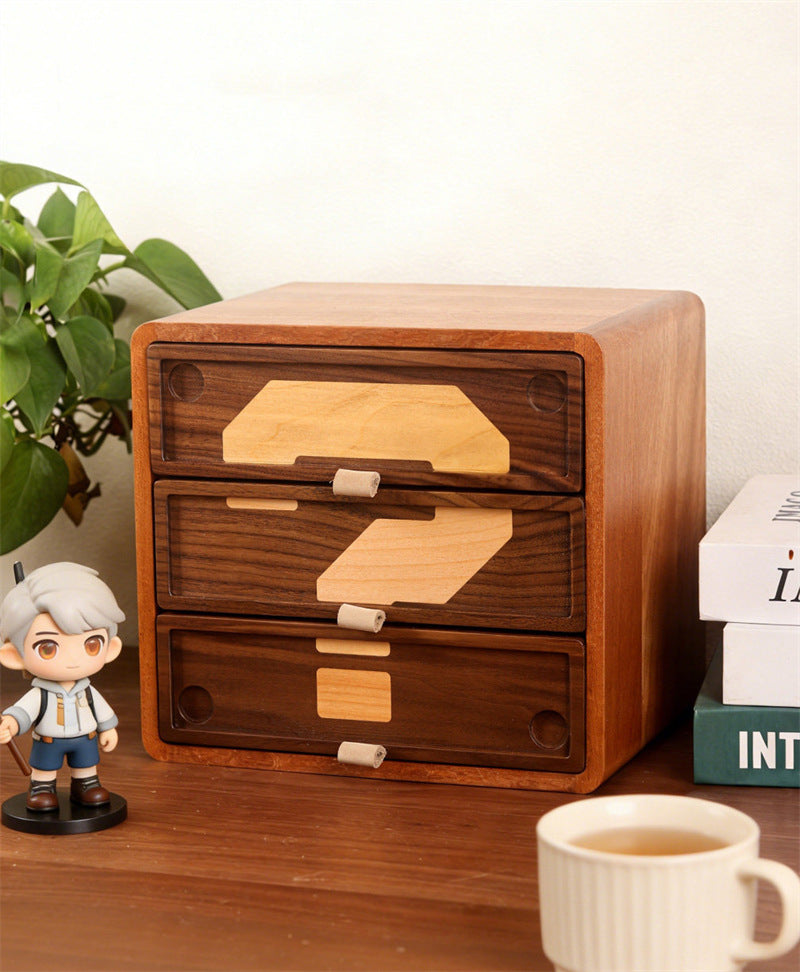 Big Question Mark 3-Drawer Wood Desktop Storage Box, Multi-Layer Wooden Jewelry Stationery Organizer, Vintage Desk Decor Cabinet