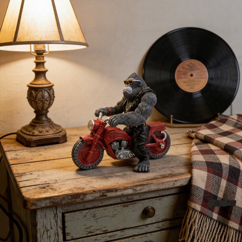 Biker Gorilla on Motorcycle Resin Statue, Cool Punk Gorilla Rider Figurine for Home Shelf Table Decor