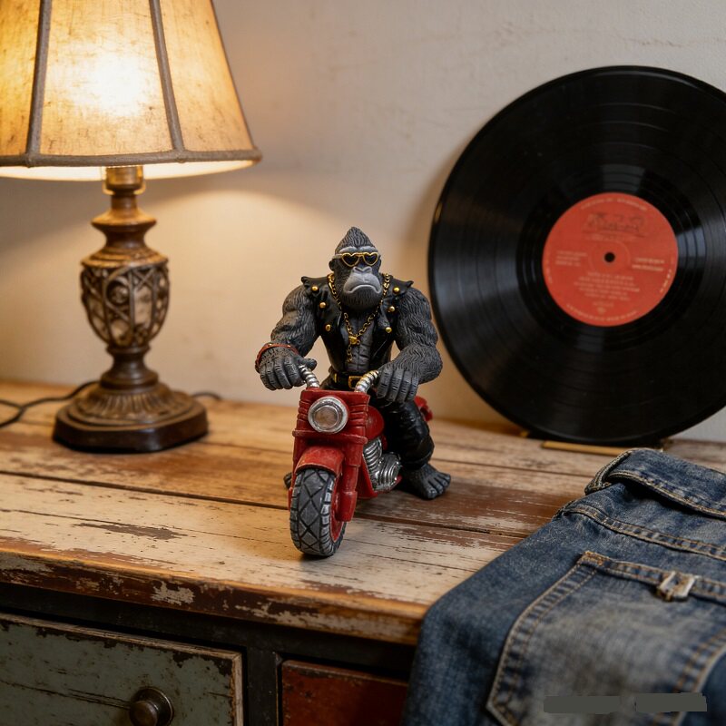Biker Gorilla on Motorcycle Resin Statue, Cool Punk Gorilla Rider Figurine for Home Shelf Table Decor