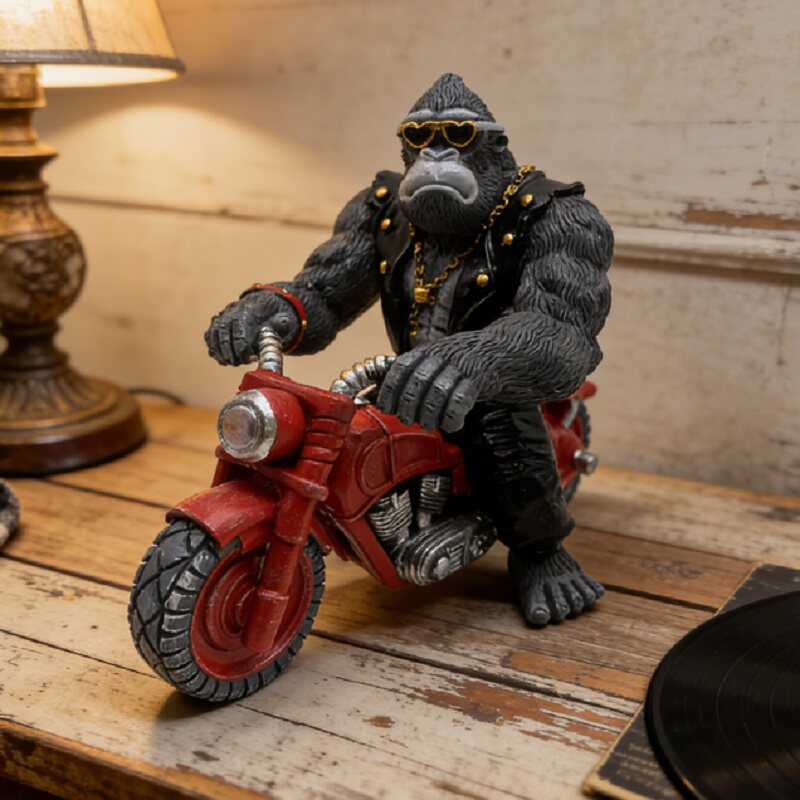 Biker Gorilla on Motorcycle Resin Statue, Cool Punk Gorilla Rider Figurine for Home Shelf Table Decor