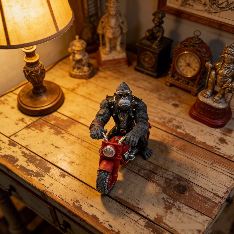 Biker Gorilla on Motorcycle Resin Statue, Cool Punk Gorilla Rider Figurine for Home Shelf Table Decor