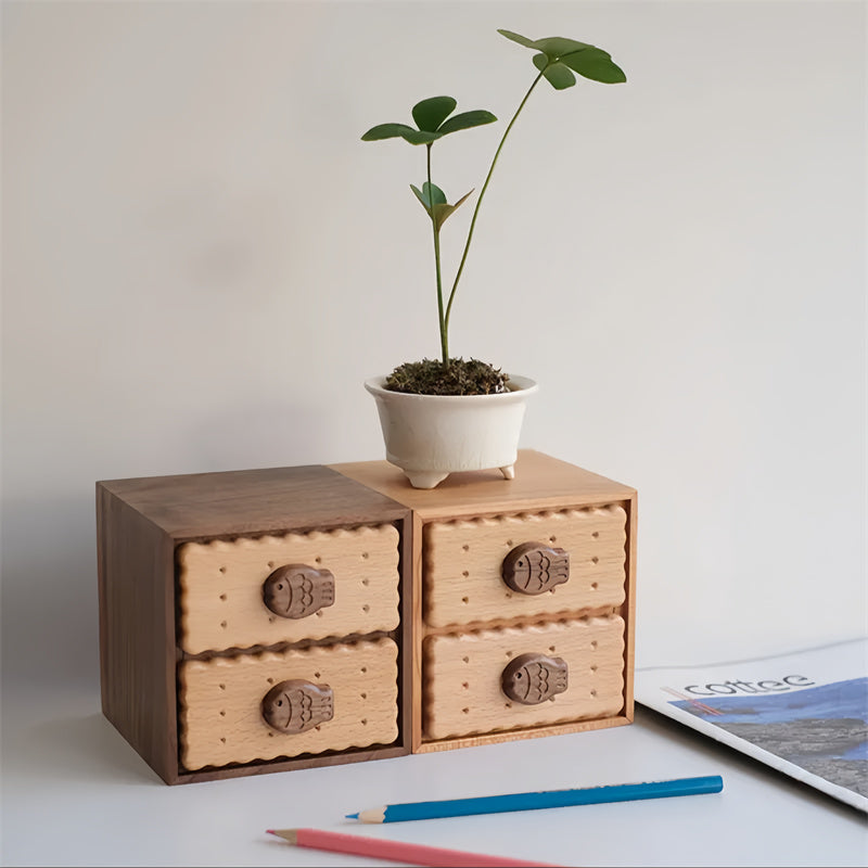Biscuit-Shaped  Solid Wood Storage Box, Fish-shaped Drawer Desktop Organizer