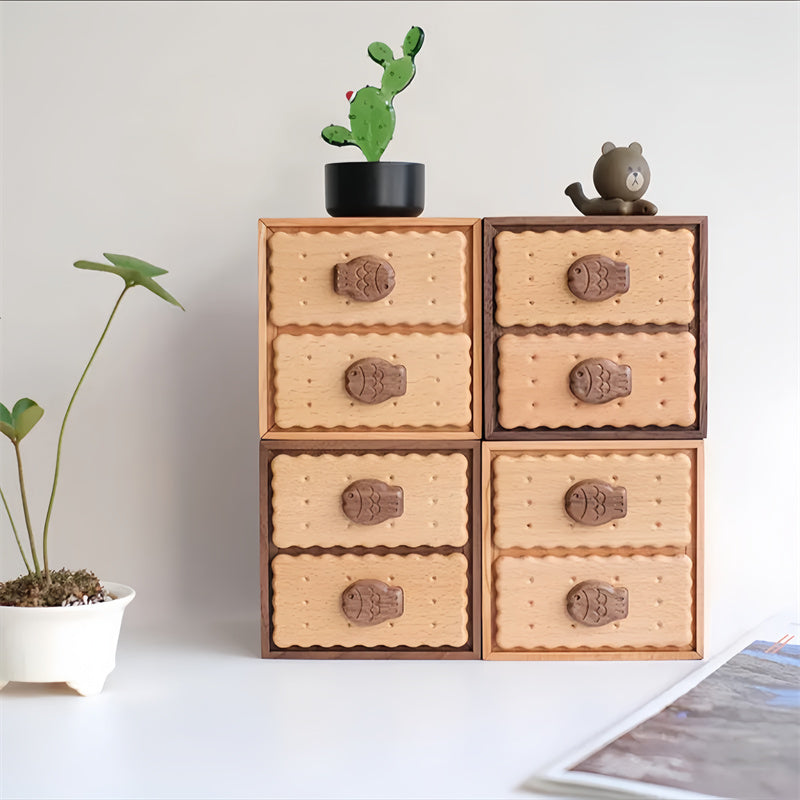 Biscuit-Shaped  Solid Wood Storage Box, Fish-shaped Drawer Desktop Organizer