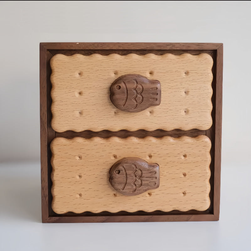 Biscuit-Shaped  Solid Wood Storage Box, Fish-shaped Drawer Desktop Organizer