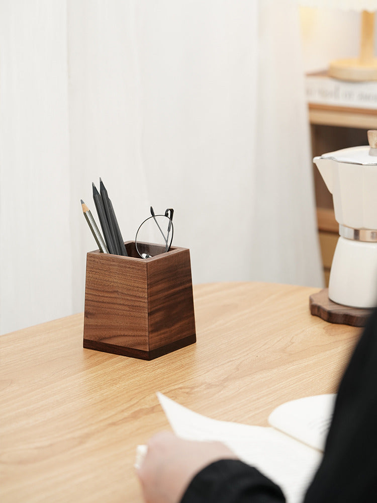 Black Walnut Square Pen Holder: Premium Wooden Desk Accessory