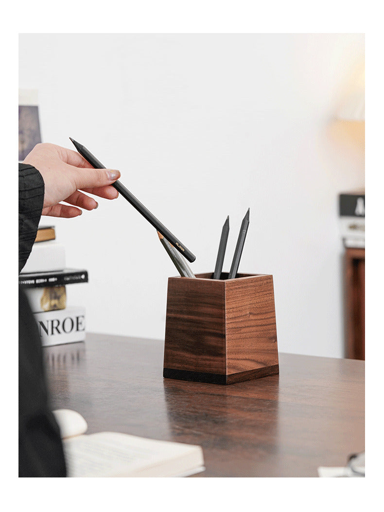 Black Walnut Square Pen Holder: Premium Wooden Desk Accessory