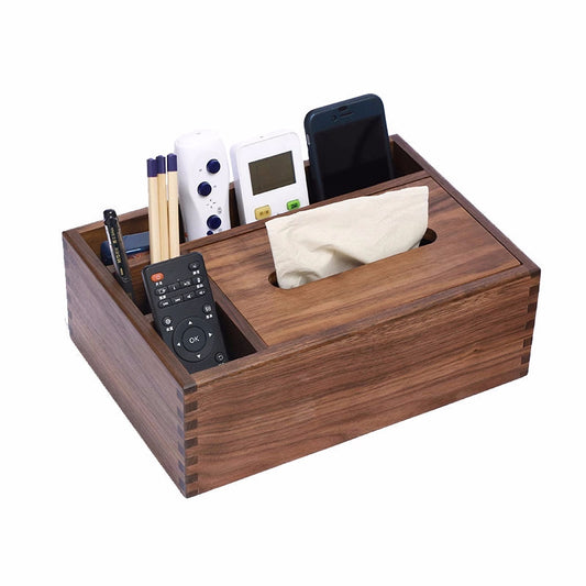 Wooden Storage Box, Tissue Box, Multifunctional Black Walnut Desktop Organizer