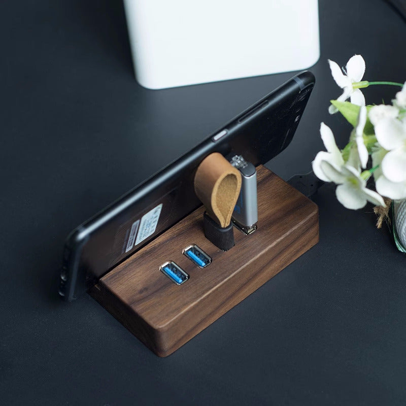 Black walnut USB port expansion Wooden splitter HUB