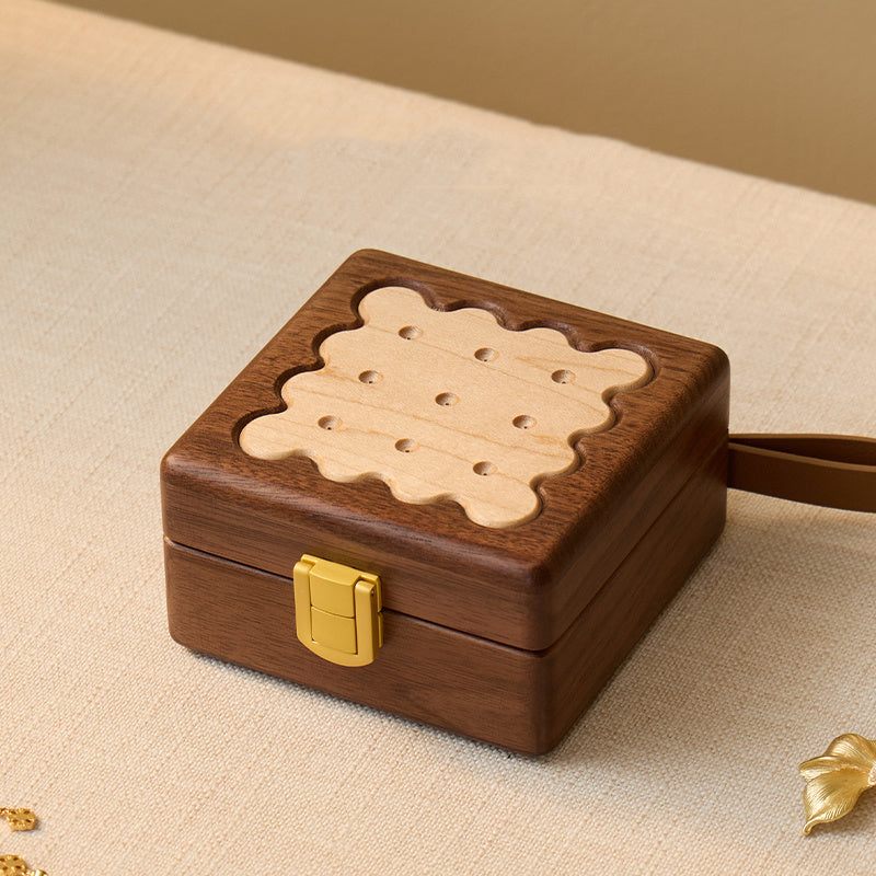 Black Walnut Wood Biscuit - Shaped Jewelry Box, Portable Travel Jewelry Organizer with Mirror