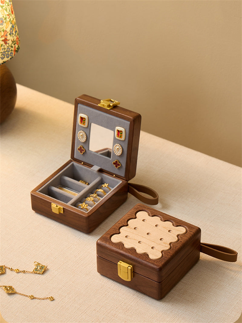 Black Walnut Wood Biscuit - Shaped Jewelry Box, Portable Travel Jewelry Organizer with Mirror