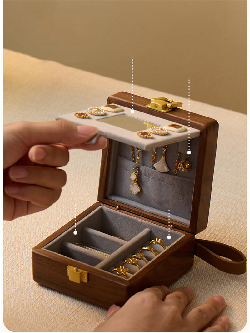 Black Walnut Wood Biscuit - Shaped Jewelry Box, Portable Travel Jewelry Organizer with Mirror