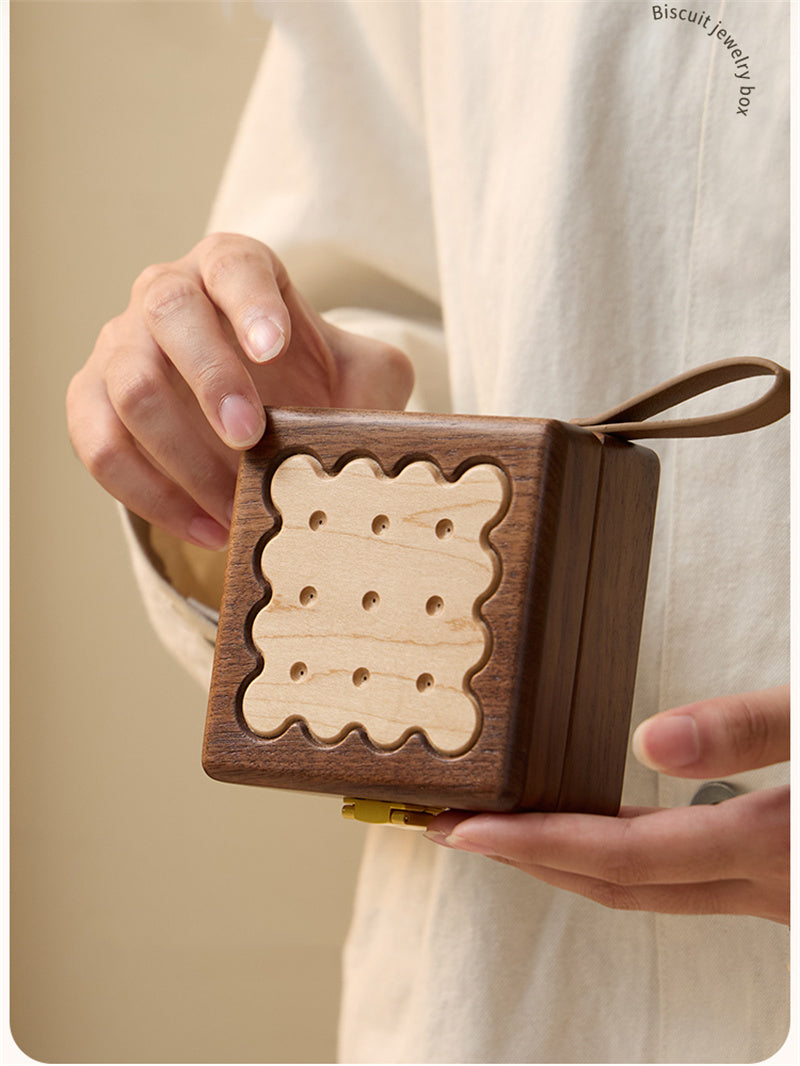 Black Walnut Wood Biscuit - Shaped Jewelry Box, Portable Travel Jewelry Organizer with Mirror