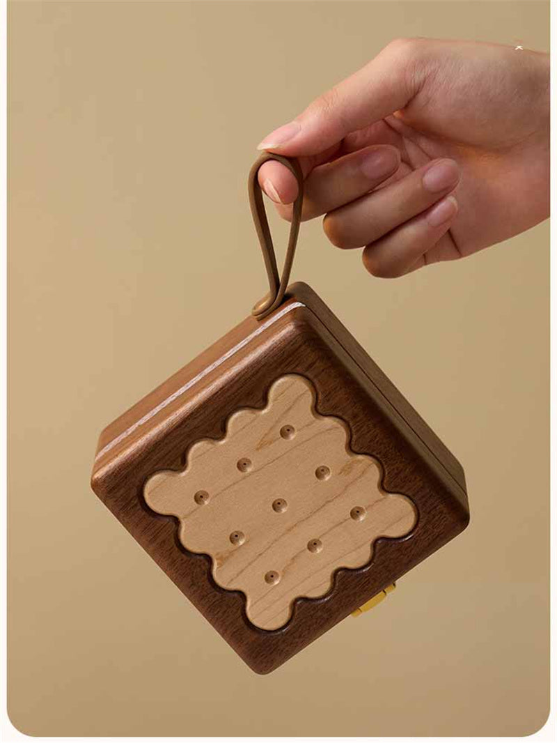 Black Walnut Wood Biscuit - Shaped Jewelry Box, Portable Travel Jewelry Organizer with Mirror