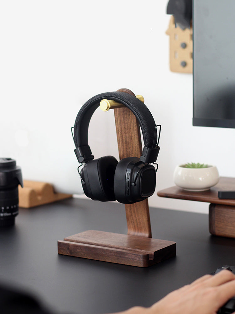 Black Walnut Wood Brass Headphone Stand with Phone Holder Slot