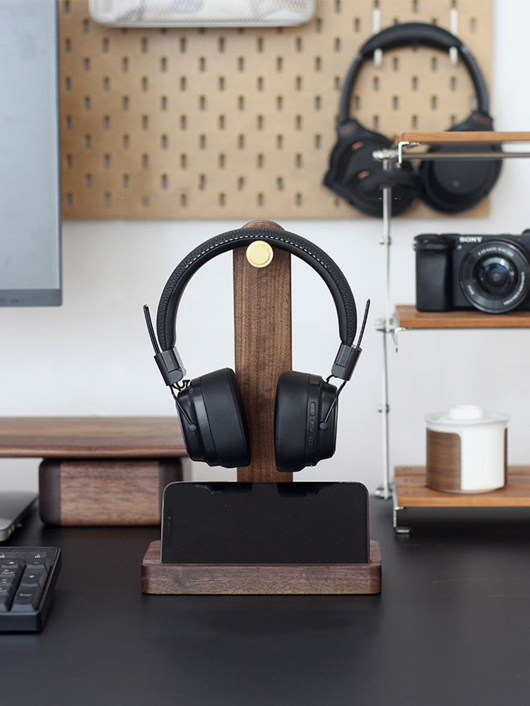 Black Walnut Wood Brass Headphone Stand with Phone Holder Slot