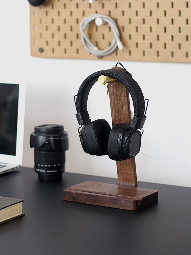 Black Walnut Wood Brass Headphone Stand with Phone Holder Slot