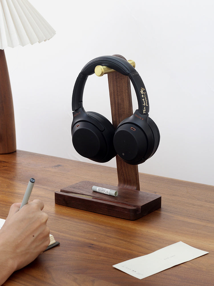 Black Walnut Wood Brass Headphone Stand with Phone Holder Slot