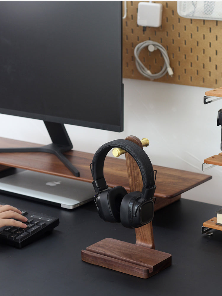 Black Walnut Wood Brass Headphone Stand with Phone Holder Slot