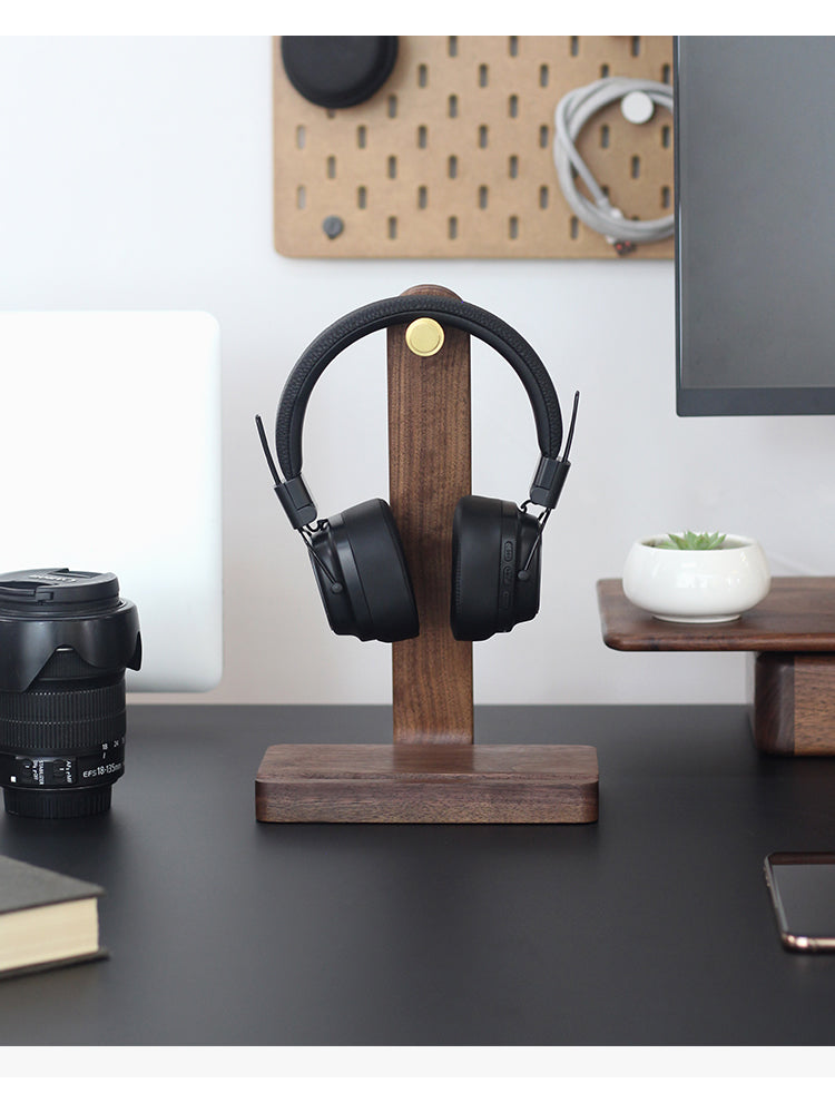 Black Walnut Wood Brass Headphone Stand with Phone Holder Slot