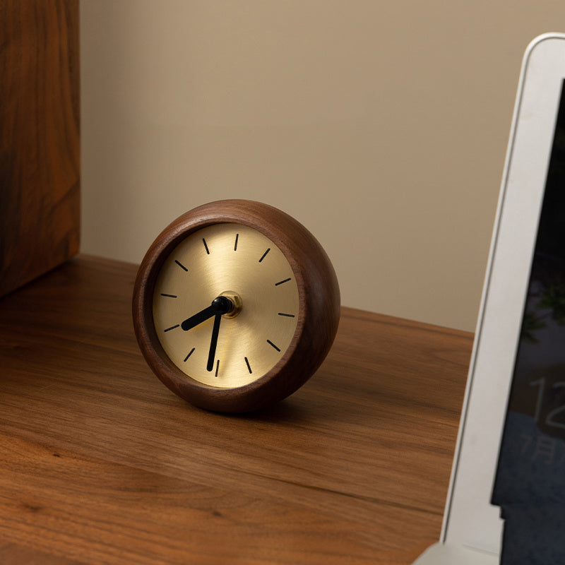 Black Walnut Wood & Brass Mini Table Clock, Minimalist Retro Desk Timepiece