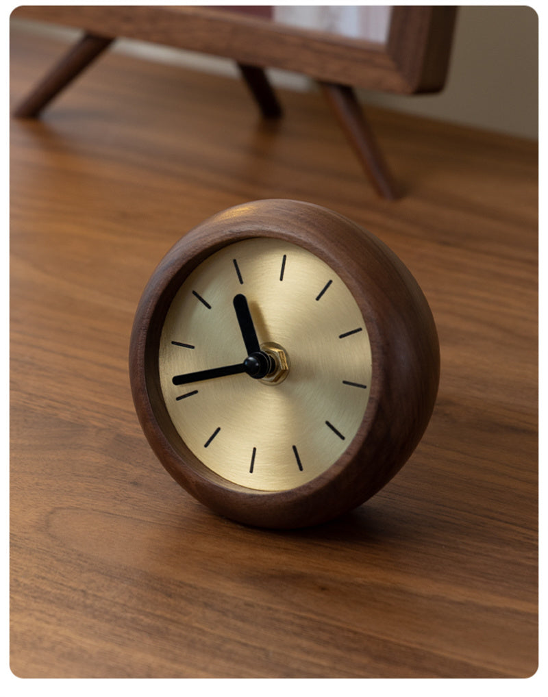 Black Walnut Wood & Brass Mini Table Clock, Minimalist Retro Desk Timepiece