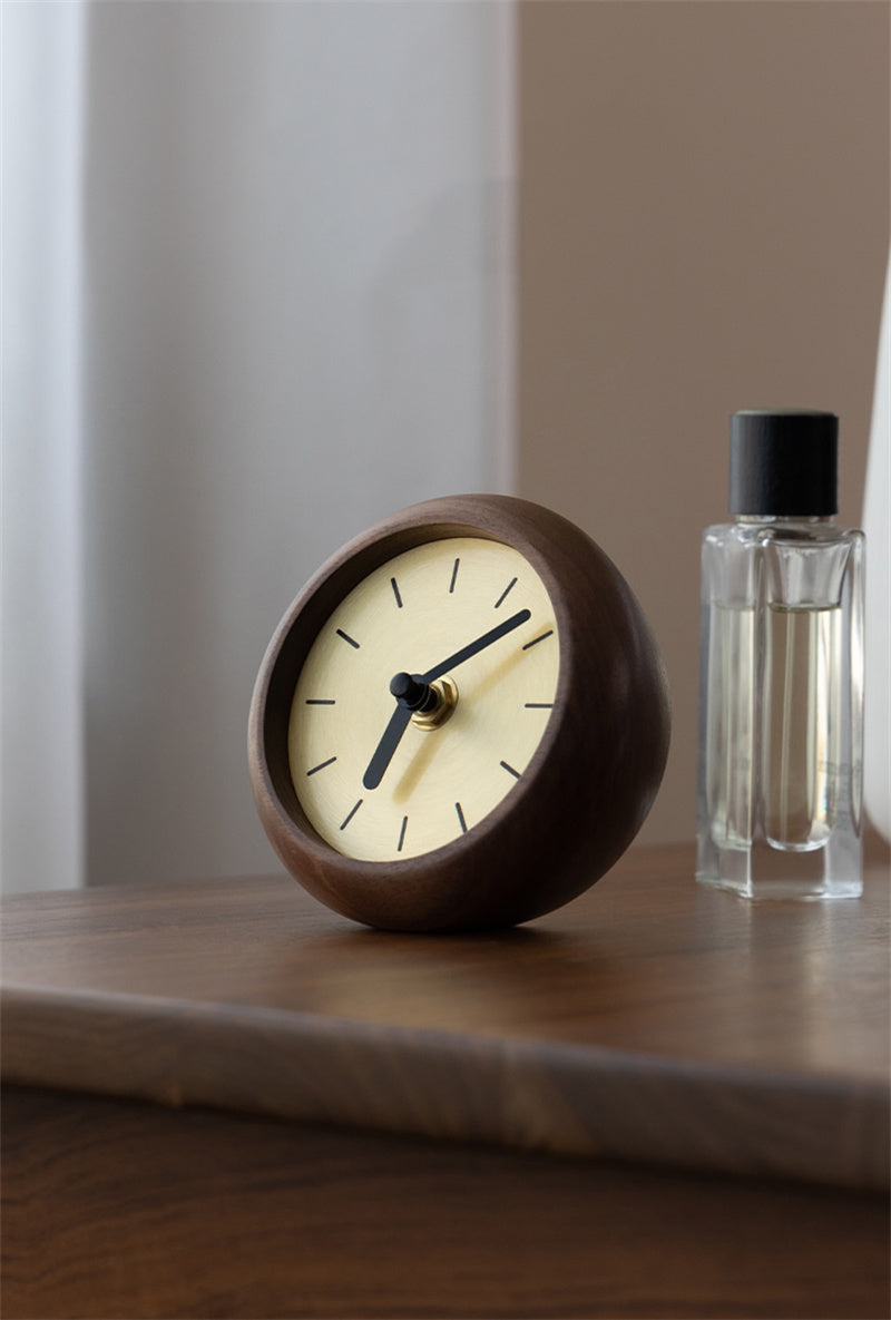 Black Walnut Wood & Brass Mini Table Clock, Minimalist Retro Desk Timepiece