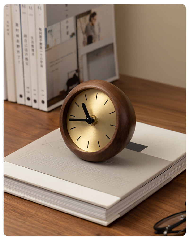 Black Walnut Wood & Brass Mini Table Clock, Minimalist Retro Desk Timepiece