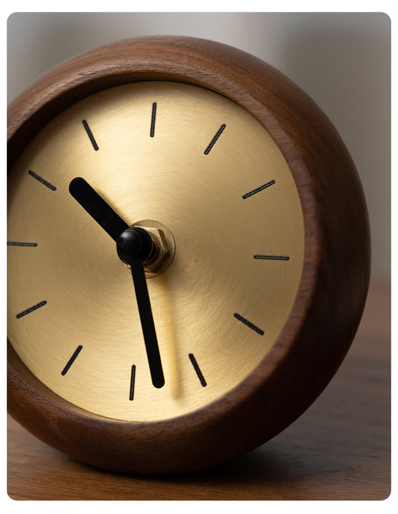 Black Walnut Wood & Brass Mini Table Clock, Minimalist Retro Desk Timepiece