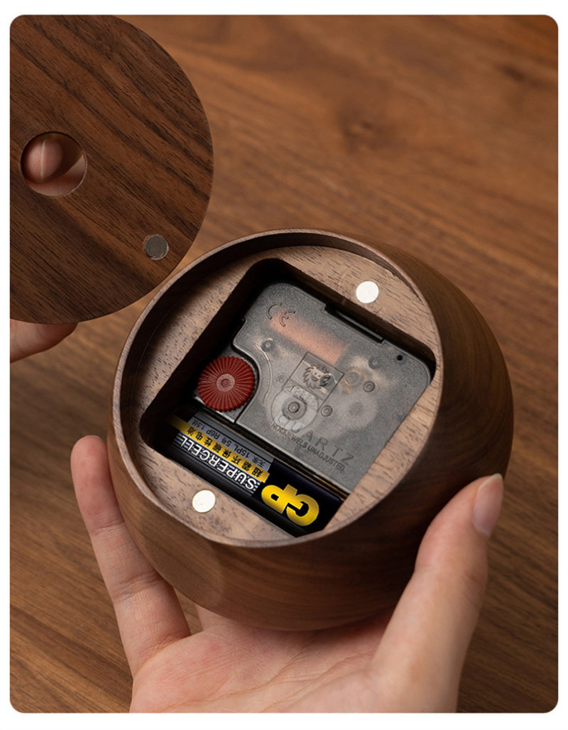 Black Walnut Wood & Brass Mini Table Clock, Minimalist Retro Desk Timepiece