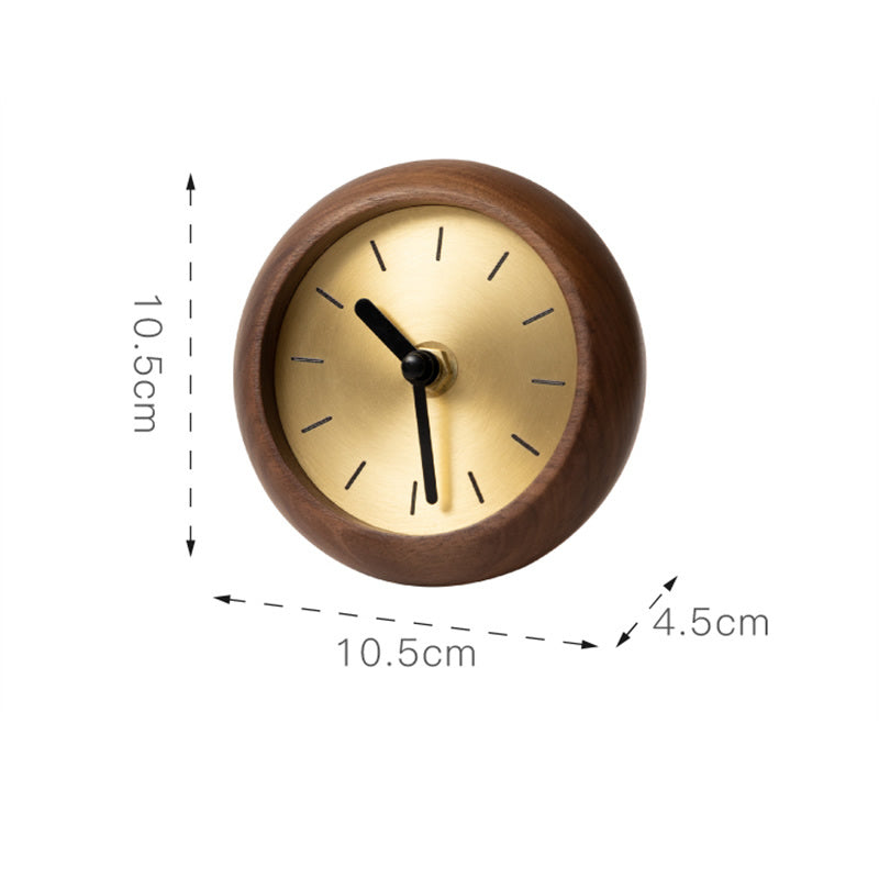 Black Walnut Wood & Brass Mini Table Clock, Minimalist Retro Desk Timepiece