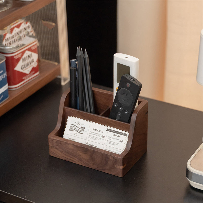 Black Walnut Wood Desktop Organizer, Multi‑Slot Remote Control Holder Pen Caddy for Office Home Desk Storage
